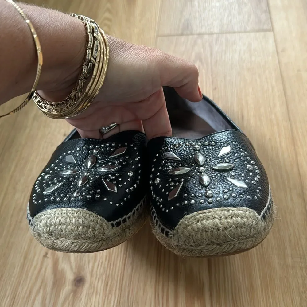 Brighton Womens Black Studded Leather Jett Espadrille Slip On Shoes Sz 8 Comfort